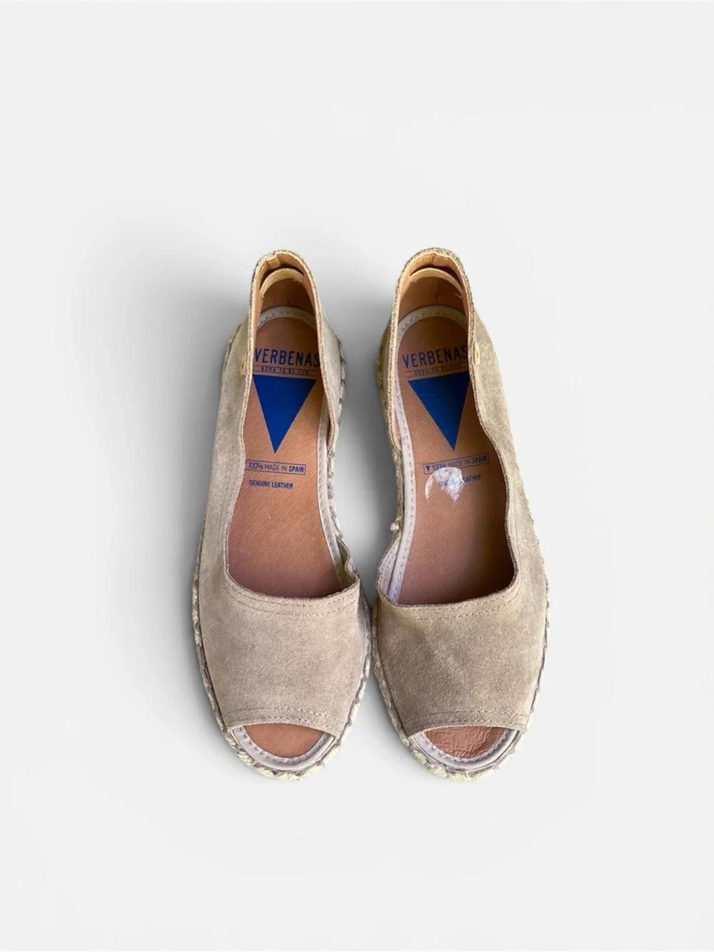 Verbenas Cruz Suede Peep Toe Espadrille Sandal in Stone Handmade in Spain Sz 38
